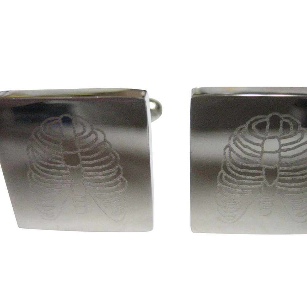 Silver Toned Square Etched Anatomical Rib Cage Cufflinks